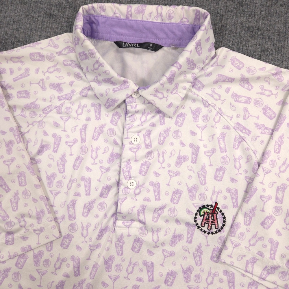 UNRL Barstool Sports Polo Shirt Mens M Lavender Transfusion Cocktail Drinks AOP